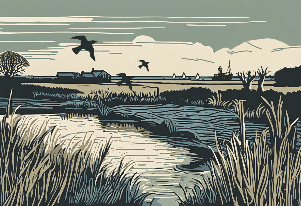 Illustration of salt-marsh around the Blackwater estuary
